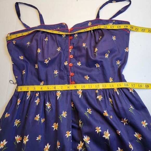 Vintage Sundress Belted Floral Blue Red Pin-Up Rockabilly Cotton 70s - Picture 11 of 14